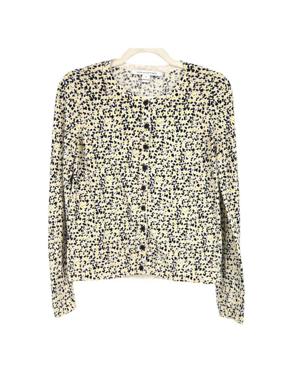 Diane Von Furstenberg Floral Preppy Quirky Cardigan Sweater Black Yellow Medium